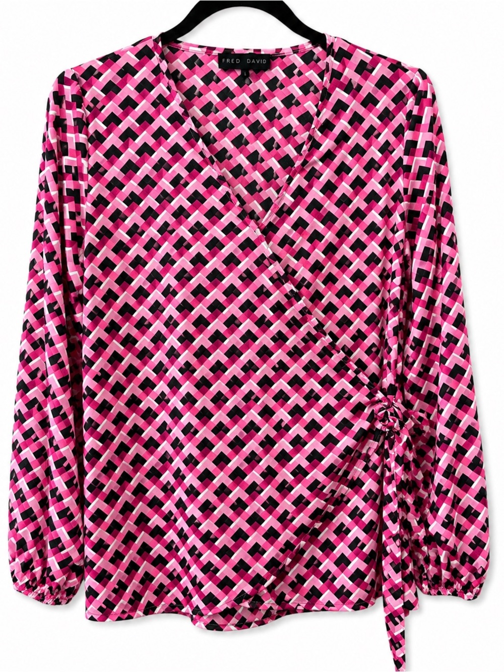 Fred David Pink Geometric‎ Faux Wrap Blouse Side Tie Long Sleeve Large